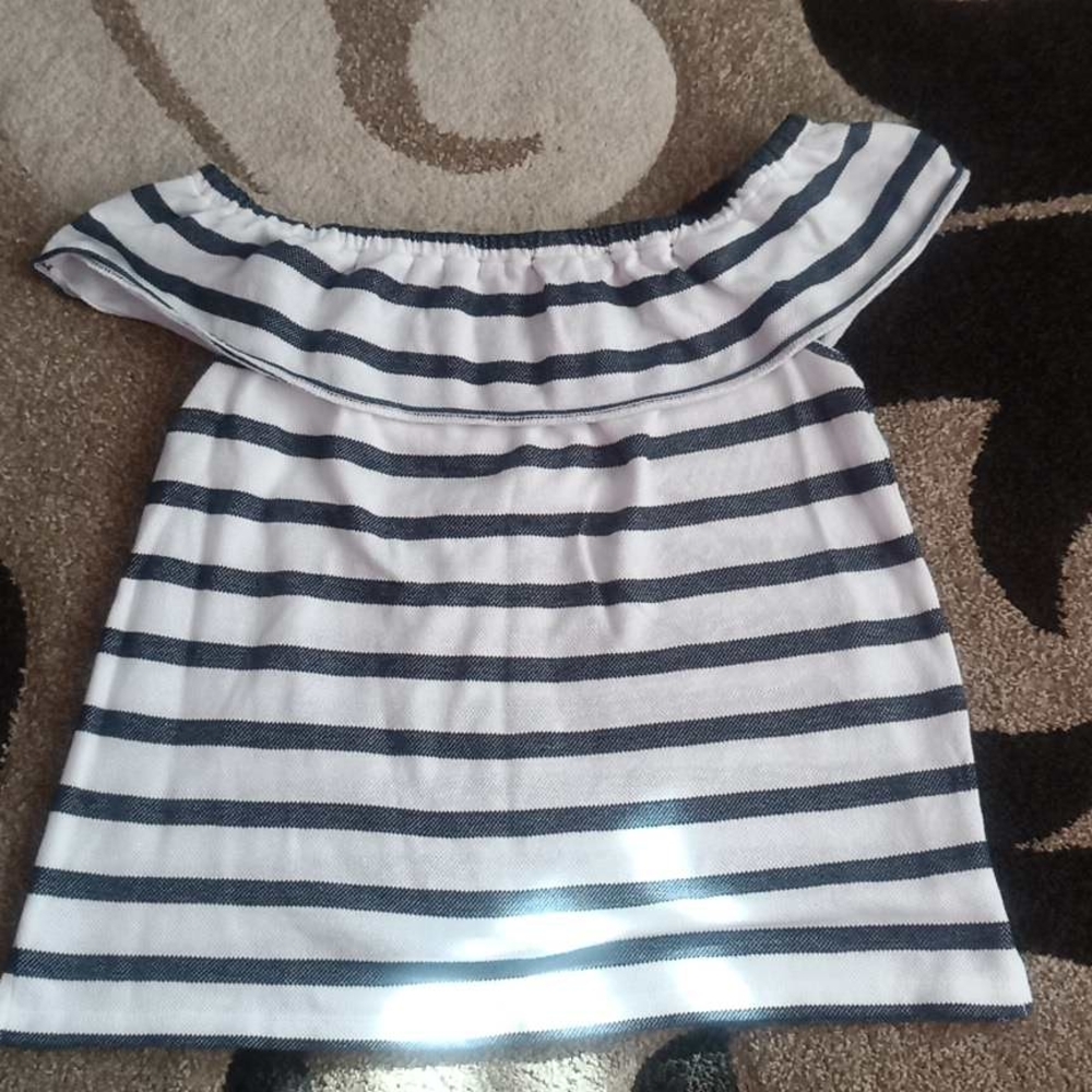 LOFT Off-Shoulder Navy and White Striped Top